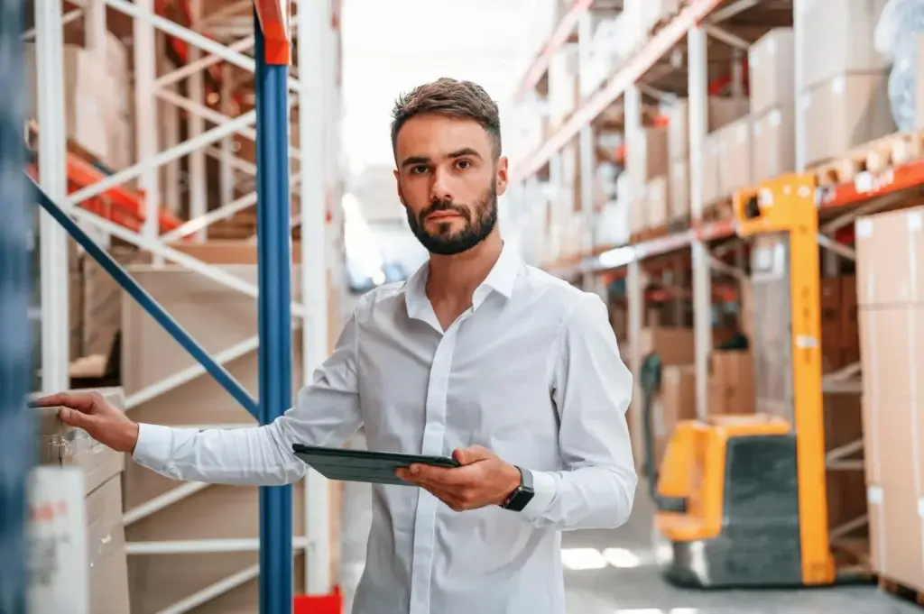 Technik logistyk w magazynie e-commerce z wózkiem paletowym przy regałach z paczkami